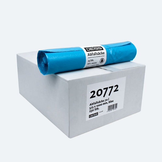 Eine Rolle mit blauen Müllsäcken vom Typ 60 DEISS LDPE der Emil Deiss KG liegt auf einem weißen Karton, der mit der schwarzen Nummer „20772“ und Produktdetails in deutscher Sprache beschriftet ist, was auf eine Packung mit 55 Säcken á 70 Stück hinweist.