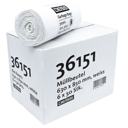 Ein Karton mit weißen Müllsäcken vom Typ DEISS LDPE 80 Liter von Emil Deiss KG, beschriftet mit der Produktnummer „36151“ und der Größe „63 x 850 mm“. Der Karton enthält: