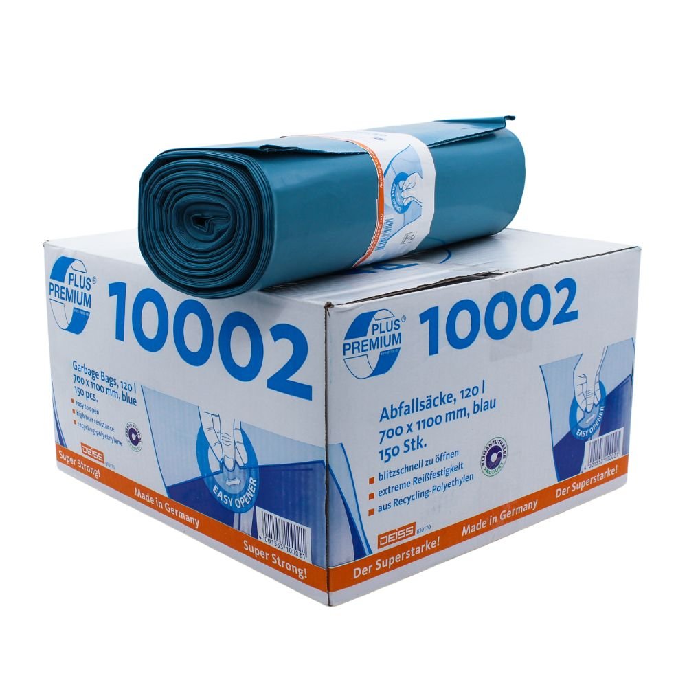 A roll of blue trash bags lies on a cardboard box labeled “DEISS Premium Plus® extremely tear-resistant, heavy-duty trash bags 10002,” which has a capacity of 120 liters and measures 700 x 1100 mm. The 150 bags from EMIL DEISS KG (GmbH + Co.), made from recycled PE, are climate-neutral and offer outstanding durability thanks to their puncture- and tear-resistant construction.