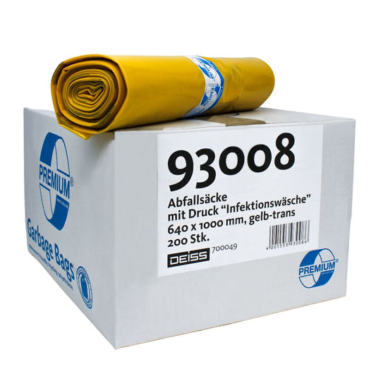 Ein Karton mit DEISS Premium® Infektions-Wäschesack 93008 Müllbeuteln mit dem deutlich sichtbaren Produktcode „93008“. Der Karton kennzeichnet diese gelben, transparenten Beutel für „kontaminierte Wäsche“ und enthält: