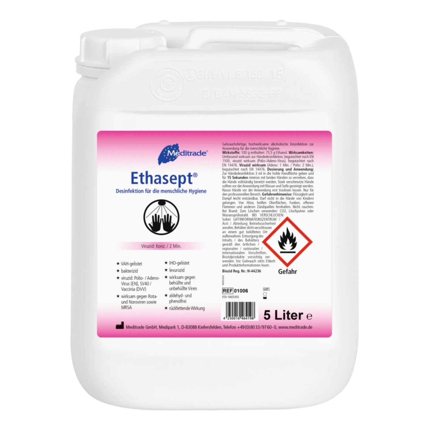 A 5-liter canister made of white plastic with Meditrade Ethasept® hand disinfectant with labels in German. Features include red warning symbols for flammability and health hazards as well as