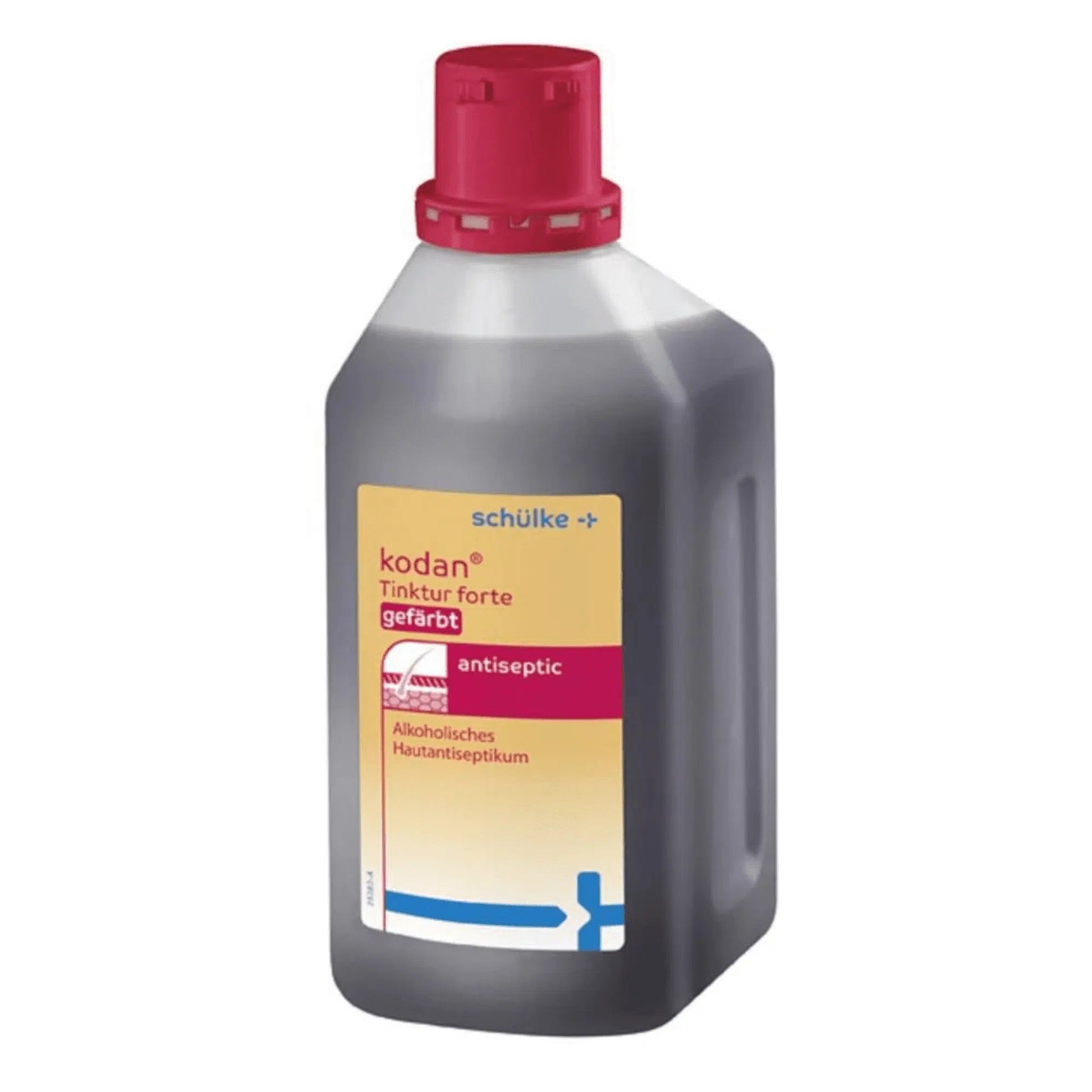 Eine Plastikflasche Schülke kodan® Tinktur forte Hautantiseptikum gefärbt der Schülke & Mayr GmbH mit rotem Verschluss, gekennzeichnet als hautantiseptisches Mittel mit alkoholbasierten Eigenschaften.