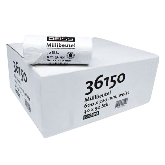 Eine Schachtel mit weißen Müllsäcken der Marke Emil Deiss KG DEISS LDPE Müllbeutel 60 Liter, 36150, mit der Aufschrift „müllbeutel“ und einer Stückzahl von 50 Stück. Jeder Beutel misst 60 x 720