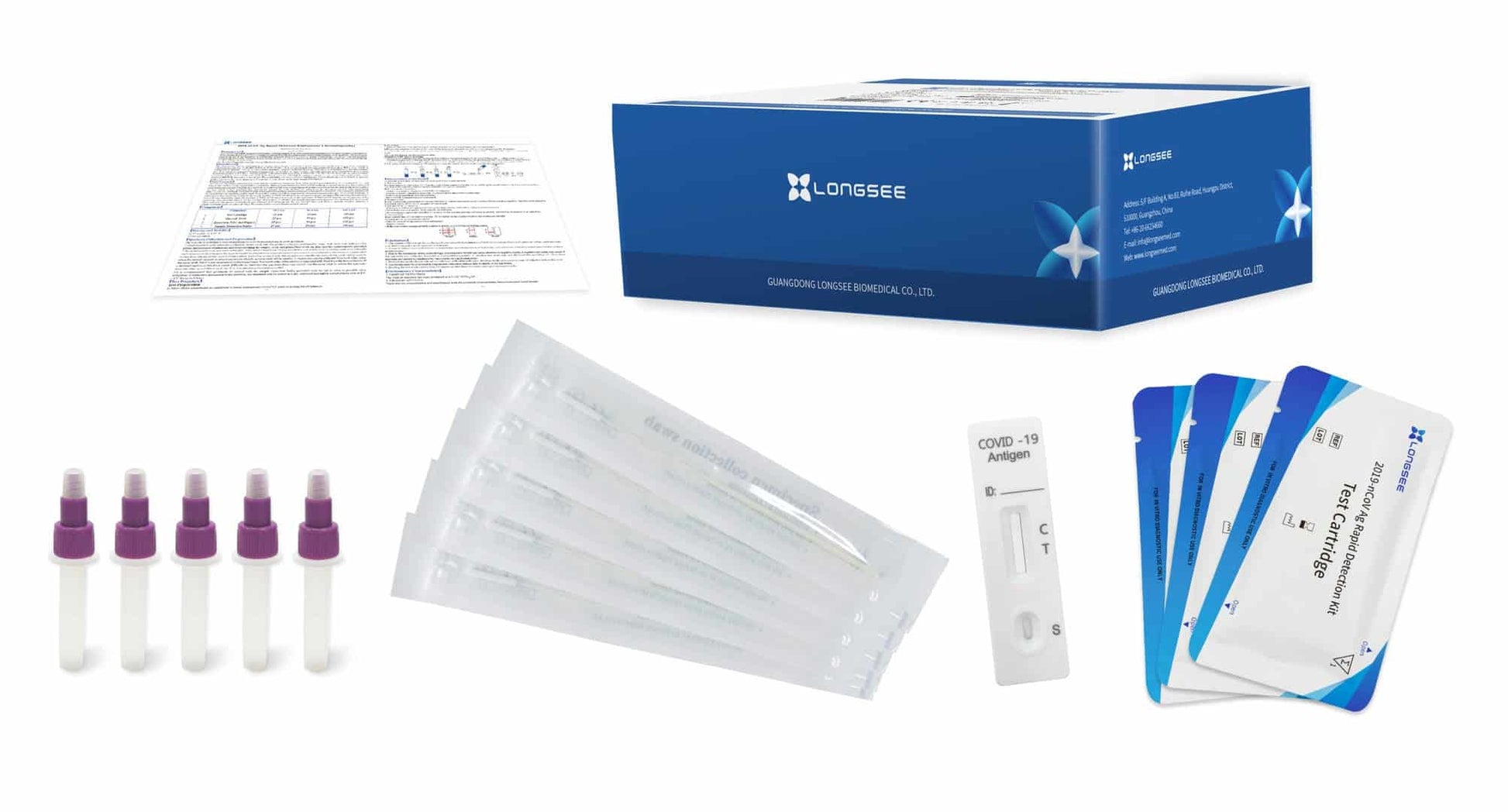 Ein komplettes Longsee Covid-19-Antigen-Schnelltestkit, einschließlich einer Schachtel mit der Aufschrift „Longsee“, Gebrauchsanweisungen, Testkassetten, Pufferröhrchen und sterilen Tupfern, isoliert auf weißem Hintergrund.