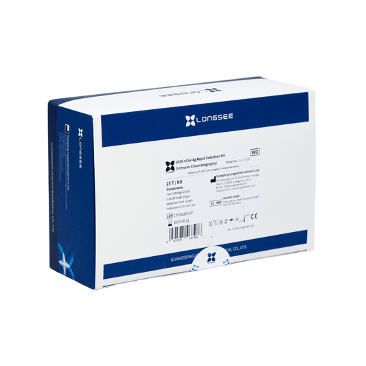 Eine Schachtel Longsee 2019-nCoV Ag Schnelltest 25 Stück, CE-zertifiziert. Die Schachtel ist hauptsächlich weiß mit blauem Text und enthält das Markenlogo und Informationen einschließlich Zertifizierungen.