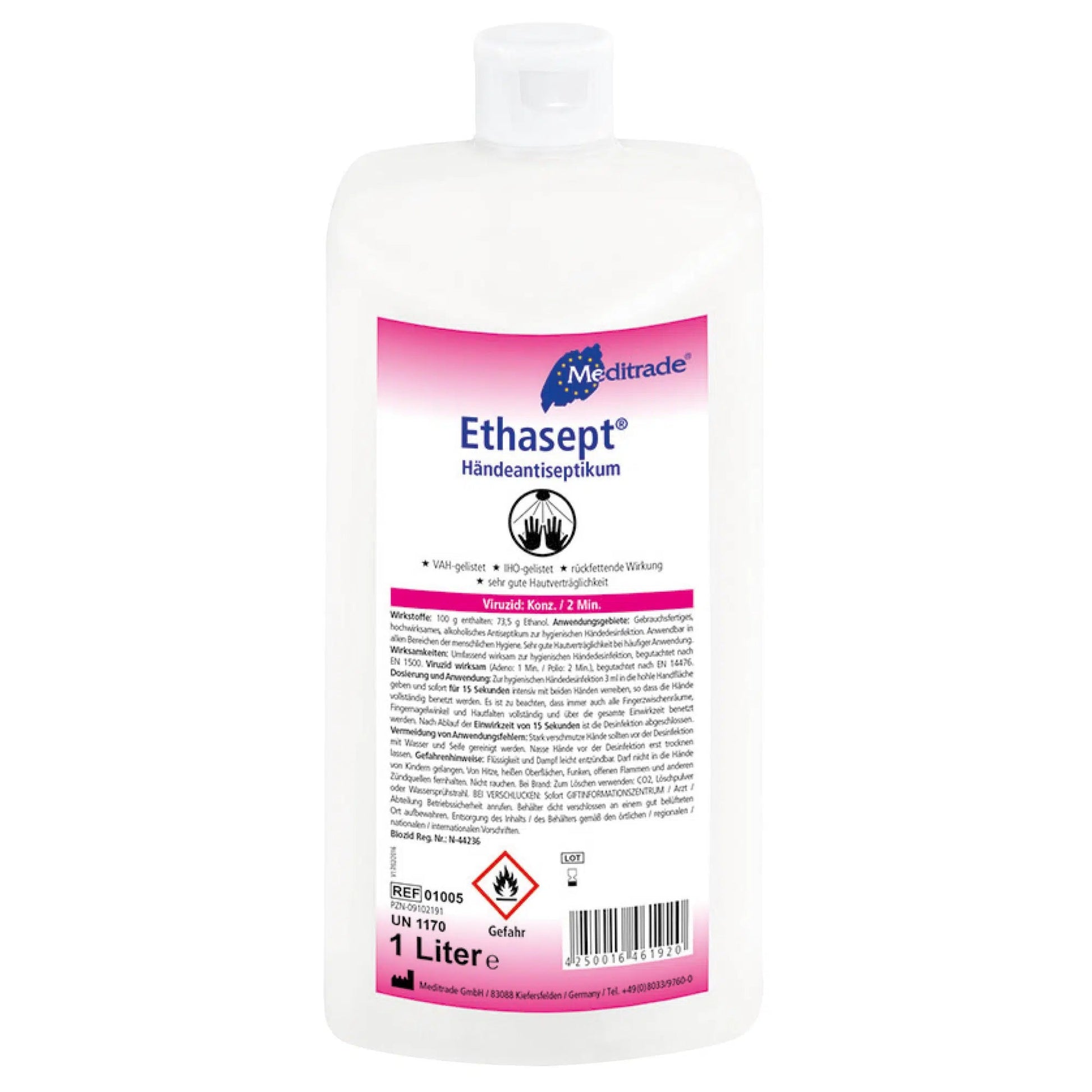 Eine weiße Flasche Meditrade Ethasept® Händedesinfektionsmittel der Meditrade GmbH mit einem rosa Etikett mit Produktdetails in Deutsch. Die Flasche hat ein Fassungsvermögen von [angegebene Menge].