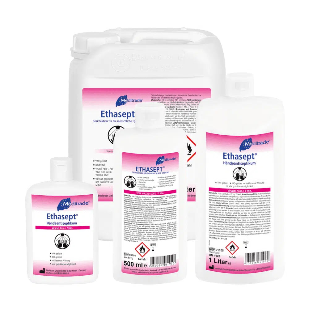 Collection of Meditrade Ethasept® hand disinfectant in various sizes, including a 50 ml, 500 ml, 1 liter bottle, and a 5 liter can, all labeled