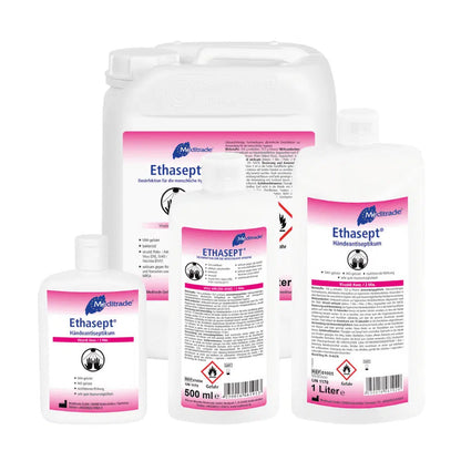 Collection of Meditrade Ethasept® hand disinfectant in various sizes, including a 50 ml, 500 ml, 1 liter bottle, and a 5 liter can, all labeled
