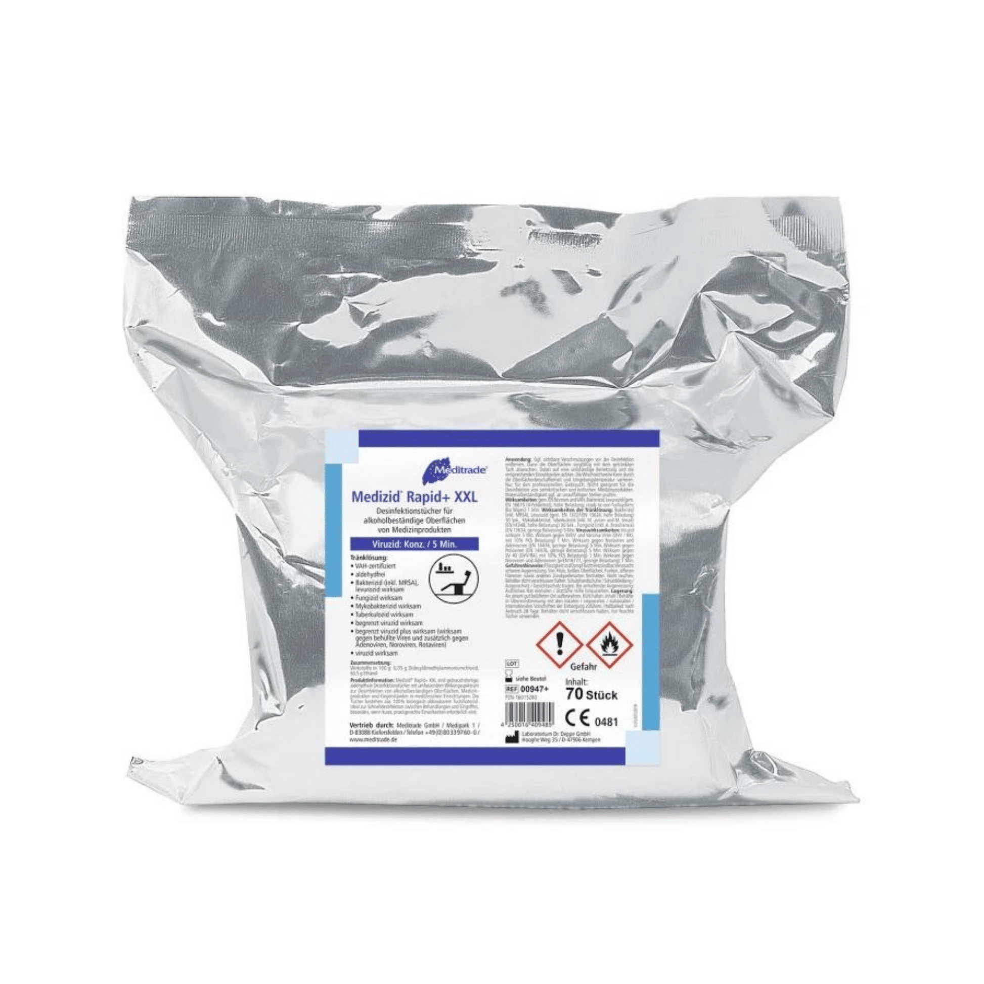 Ein versiegelter metallischer Plastikbeutel mit der Aufschrift „Meditrade Medizid® Rapid+ Desinfektionstücher“ mit 750 Gramm Desinfektionstüchern, mit aufgedruckten Details und Sicherheitssymbolen, überwiegend in Blau und Weiß.