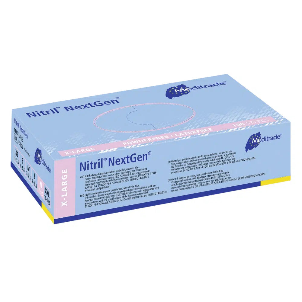 Eine Schachtel Meditrade Nitril Handschuhe NextGen® extragroße latexfreie Einweghandschuhe. Die Schachtel ist blau und weiß mit Text und Grafiken, die die Produktdetails angeben.