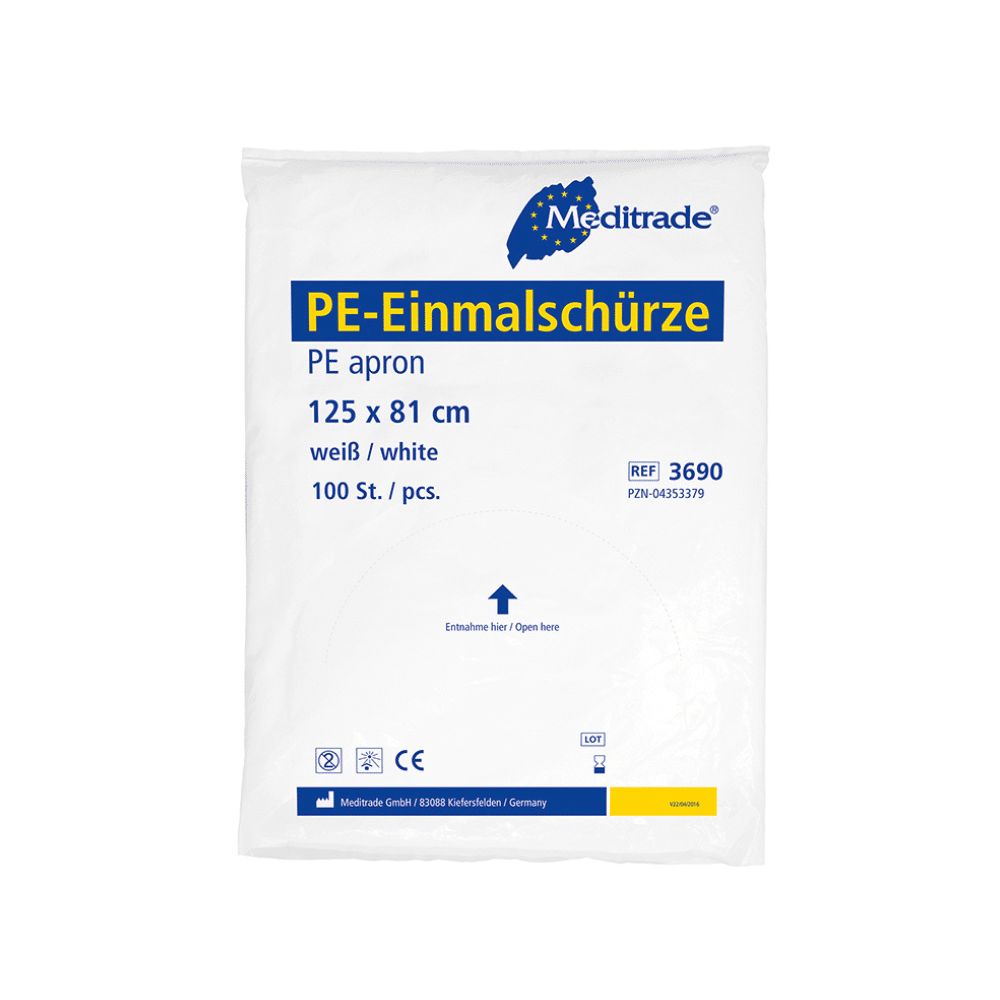 Weiße LDPE-Kunststoffverpackung für die Einwegschürzen „Meditrade PE Einmalschürze (weiß)“ der Meditrade GmbH, Größe 125 x 81 cm, mit Produktdetails und Logos, einschließlich der CE-Kennzeichnung für Europa.