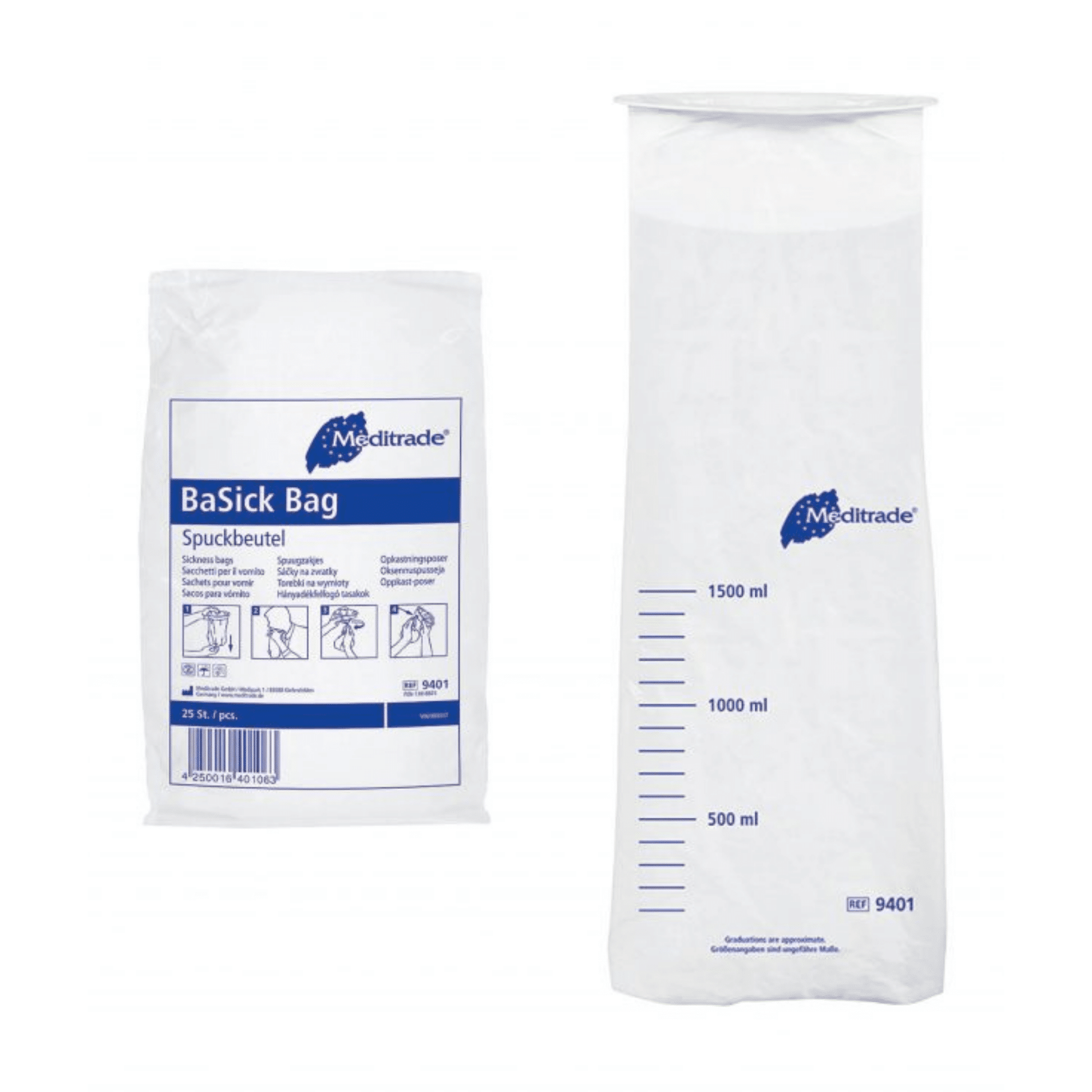 Zwei Ansichten einer Meditrade GmbH Meditrade BaSick Spuckbeutel Packung (25 Beutel), ein 1000 ml Polyethylen-Spuckbeutel mit blauer Beschriftung, zeigt Vorder- und Rückseitendesign, mit Text und Verwendung
