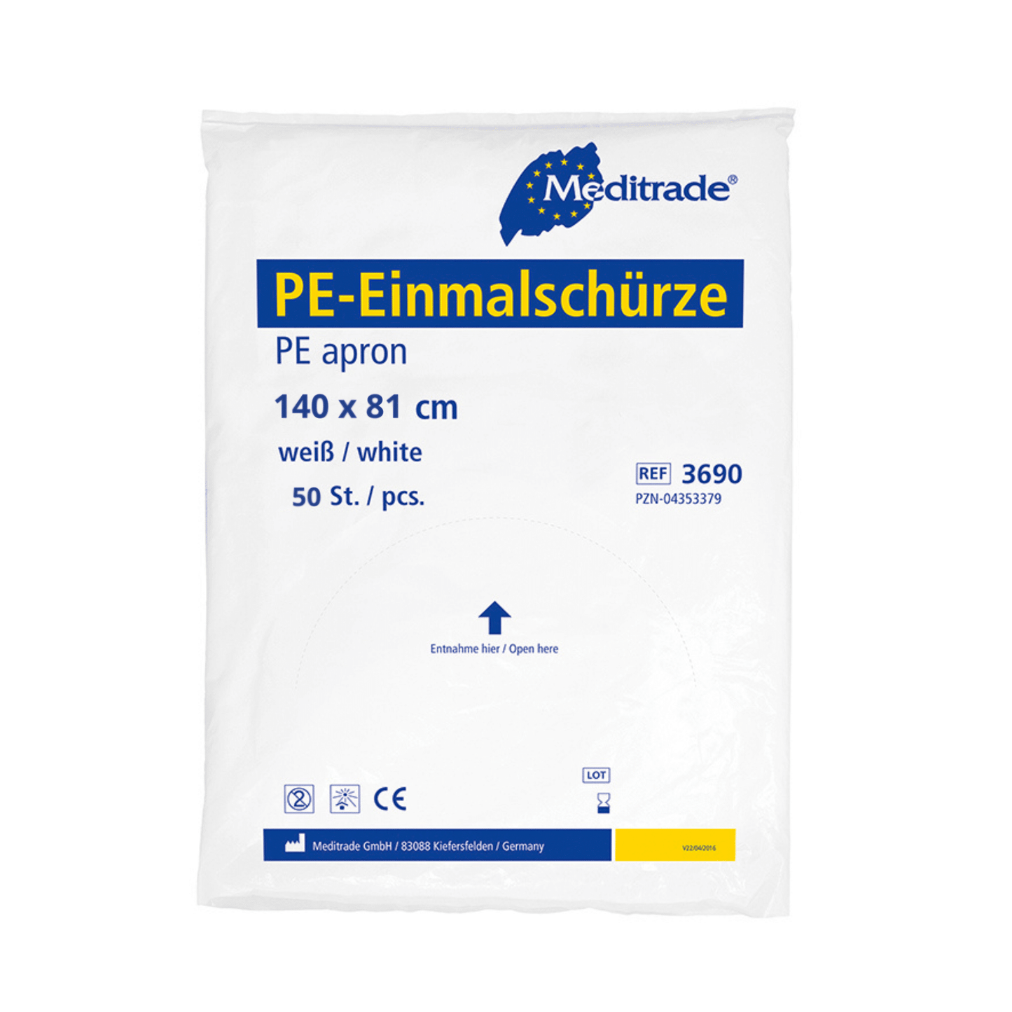 A packaged Meditrade PE disposable apron in white, labeled with the dimensions "140 x 81 cm", product information, and the company logo, indicating that it contains Meditrade PE disposable apron (white) - 100 pieces from Meditrade GmbH.