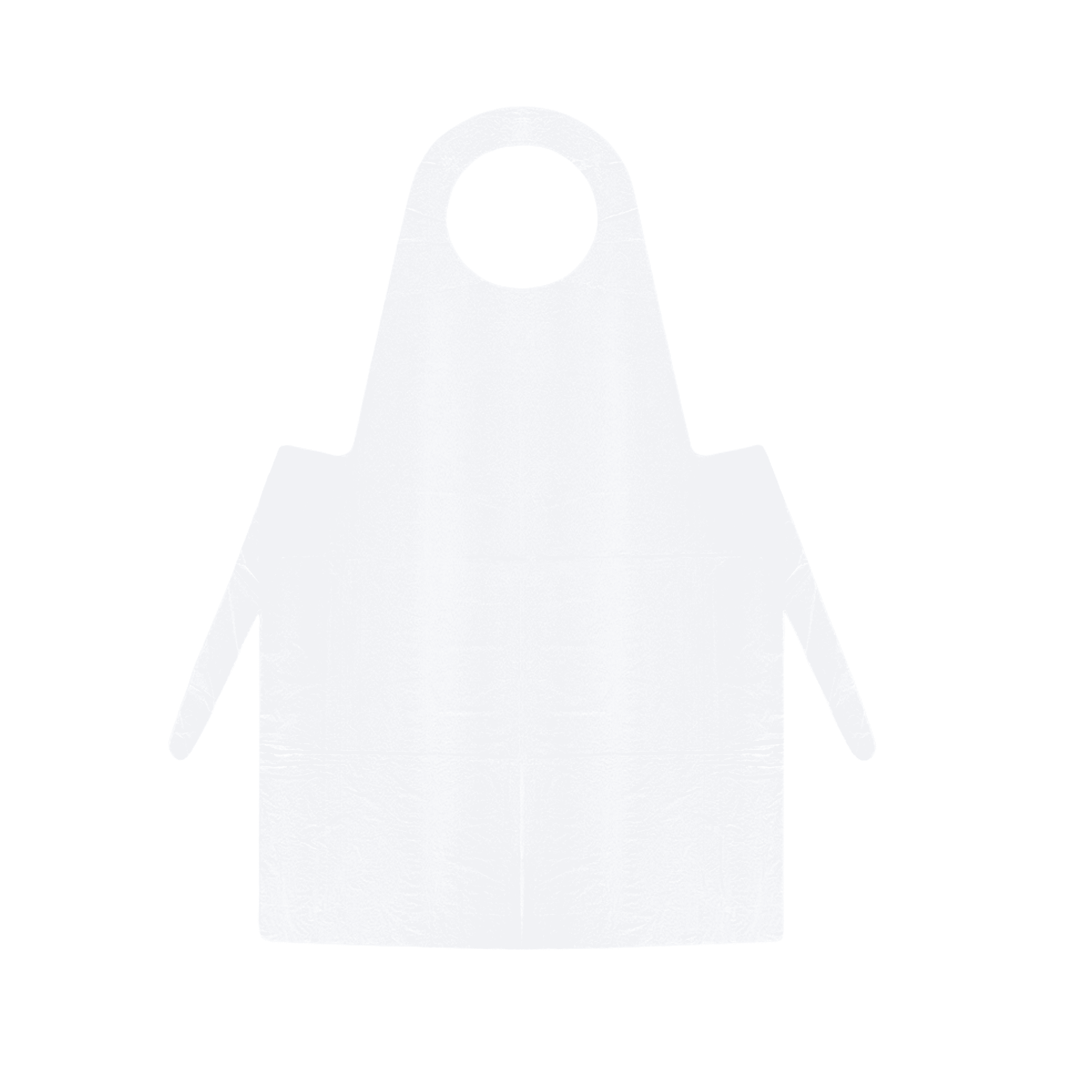 Eine einfache, schlichte weiße Schürze aus LDPE ohne Muster oder Logos, abgebildet in der Vorderansicht. Die Meditrade PE Einmalschürze (weiß) - 100 Stück verfügt über eine Halsschlaufe und zwei lange Bänder in der Taille.