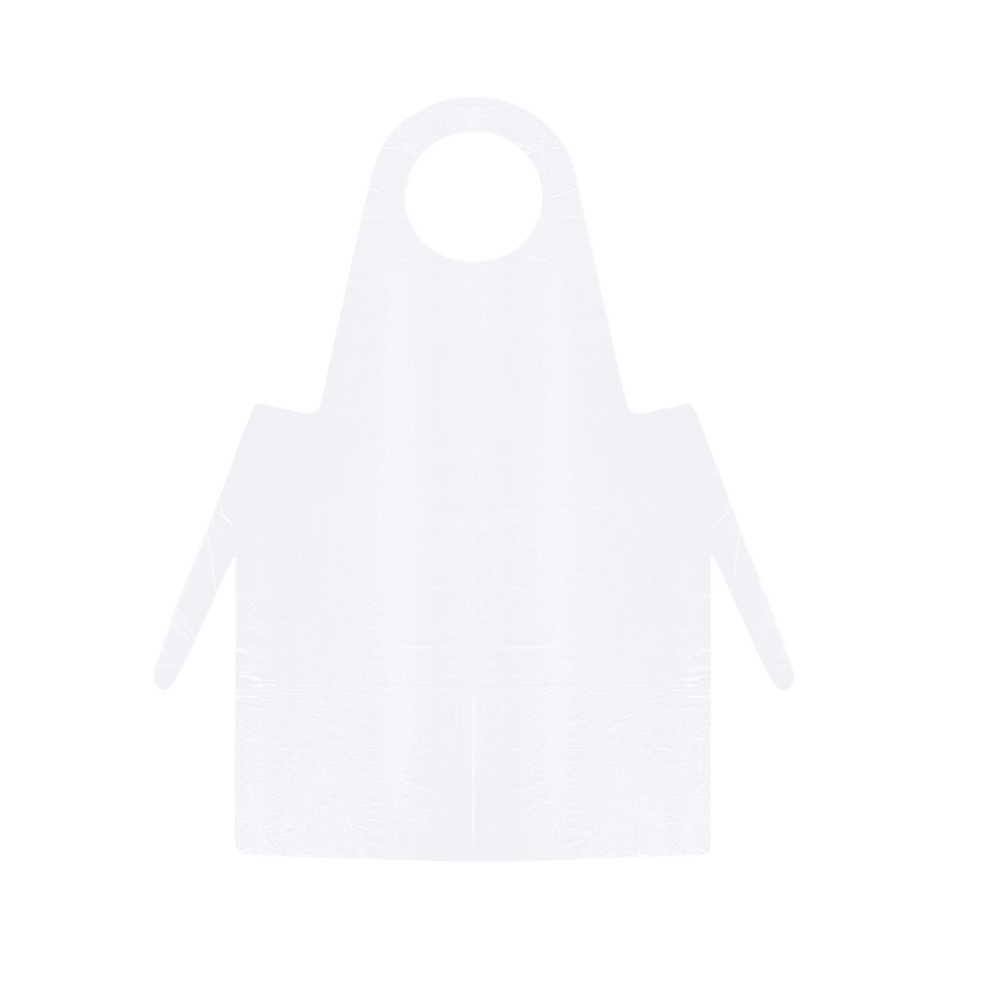A simple, plain white apron made of LDPE without patterns or logos, shown in the front view. The Meditrade PE disposable apron (white) - 100 pieces features a neck loop and two long ties at the waist.