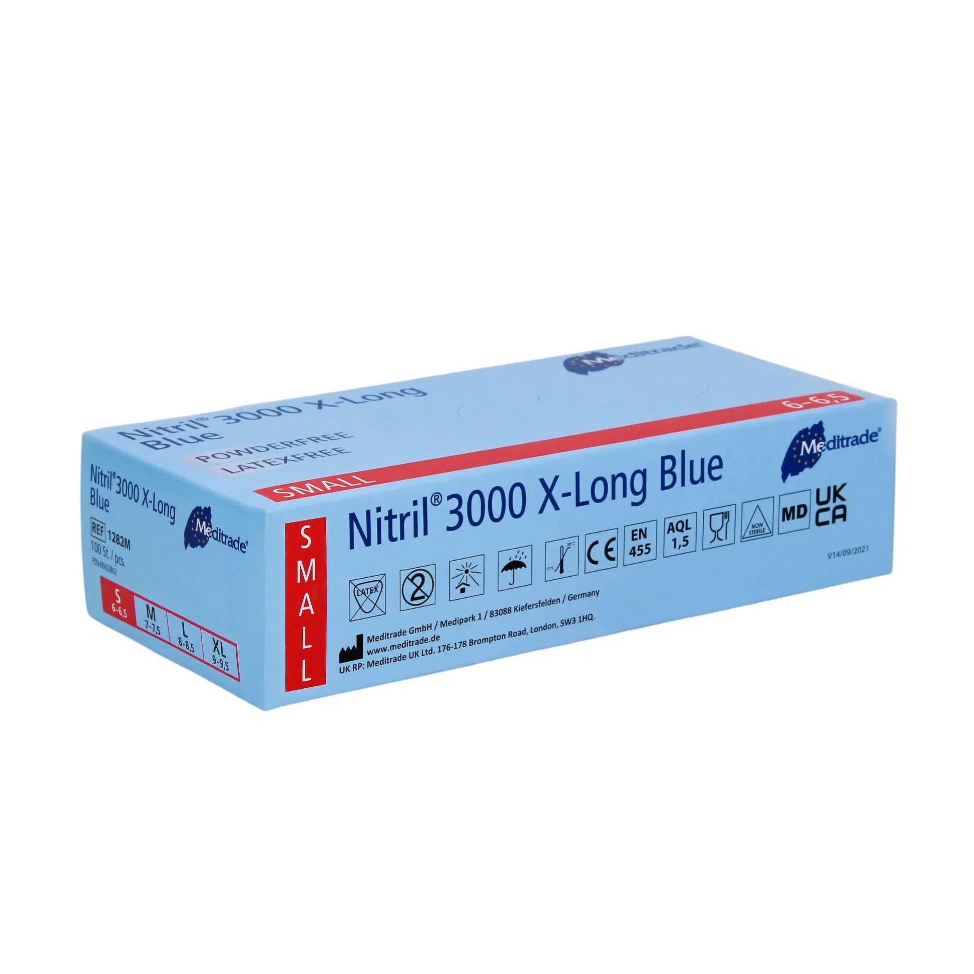 Eine Schachtel Meditrade Nitril® 3000 X-Long 100 Stk. Nitrilhandschuhe extralang, blau, klein auf weißem Hintergrund, mit Sicherheitszertifikaten und Produktdetails der Meditrade GmbH.