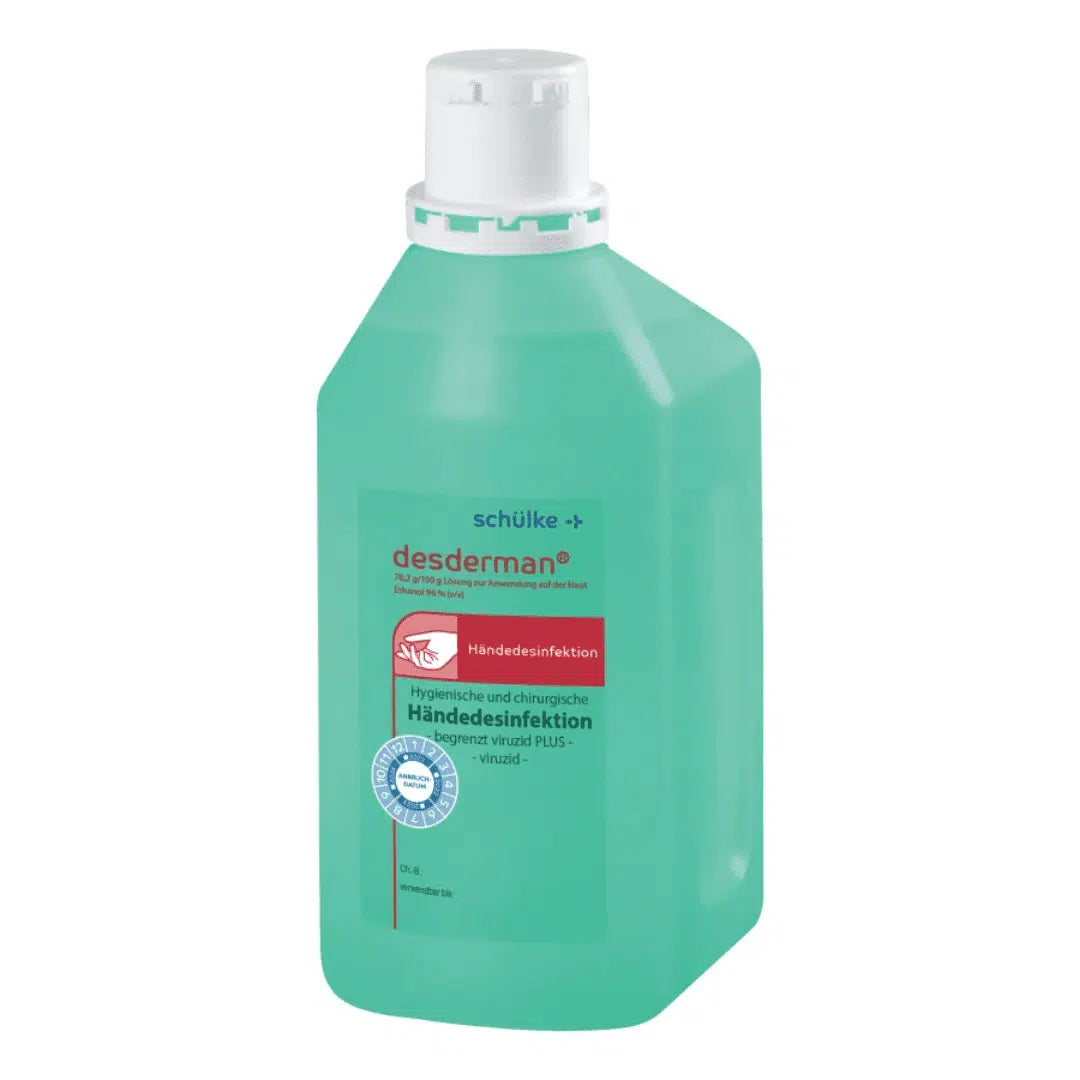Eine Flasche Schülke desderman® Händedesinfektion von Schülke & Mayr GmbH. Der Kunststoffbehälter ist durchscheinend und mit einer grünen Flüssigkeit gefüllt, mit einem weißen Verschluss und einem Etikett in Blau und Rot.