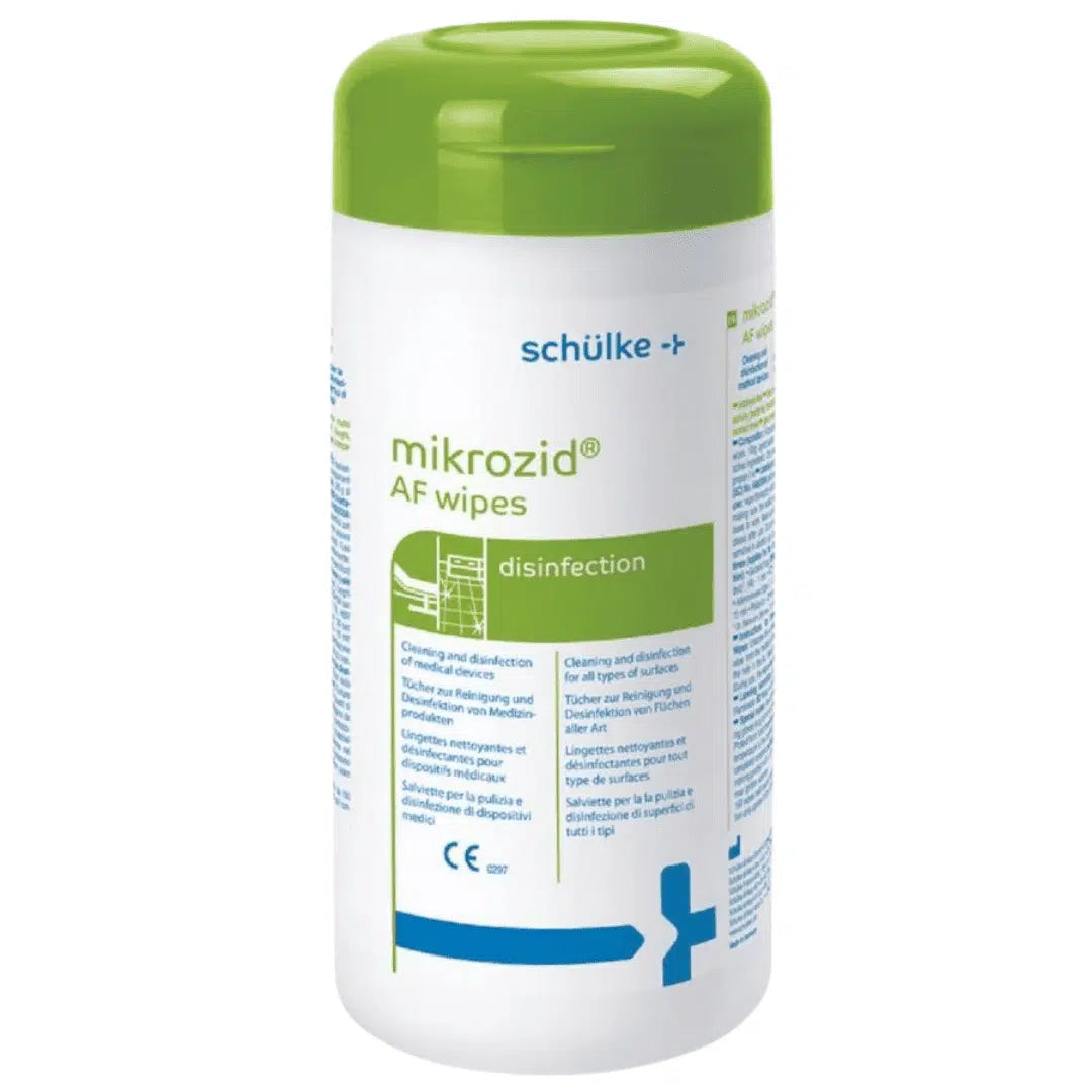 Ein zylindrischer Behälter mit Schülke mikrozid® AF wipes Desinfektionstücher Dose - 150 Tücher von Schülke & Mayr GmbH. Das Etikett ist überwiegend weiß mit blauen und grünen Akzenten und enthält einen Text über die desinfizierenden Eigenschaften des Produkts.