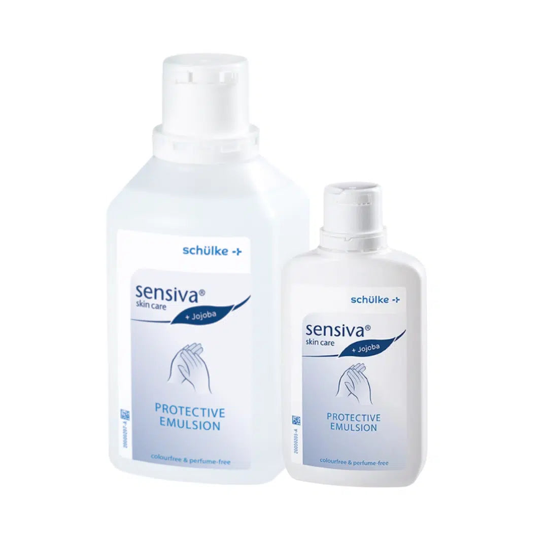 Two bottles of the skincare lotion sensiva® protective emulsion from Schülke & Mayr GmbH, one larger and one smaller, with white-blue labeling, presented on a white background.