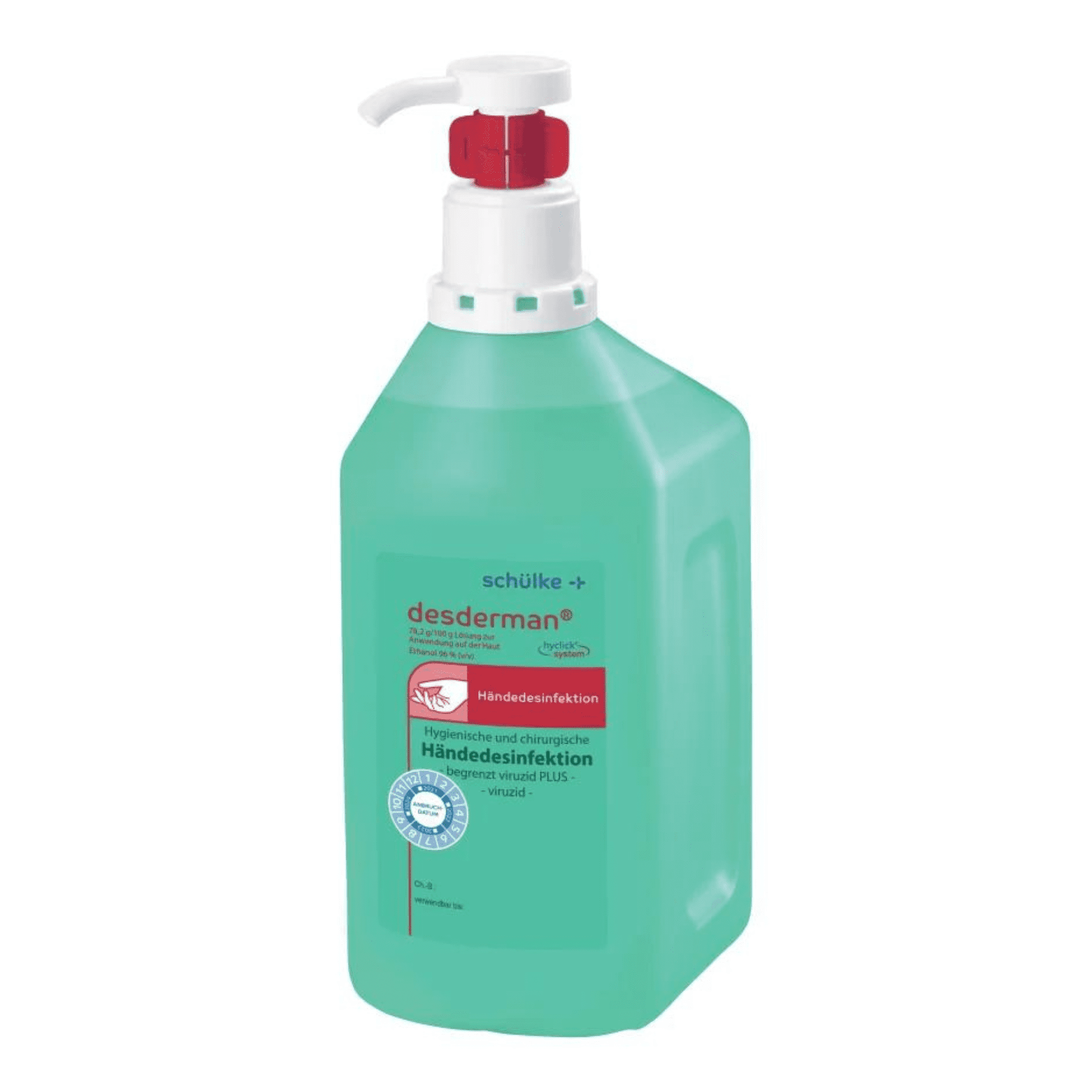 Eine Flasche des grünen Schülke desderman® Händedesinfektionsmittels mit einem rot-weißen Pumpspender. Auf dem Etikett sind Text und Logos zu finden, die auf die medizinische Verwendbarkeit, die Viruzid-Zertifizierung und das RKI-Zertifikat hinweisen.