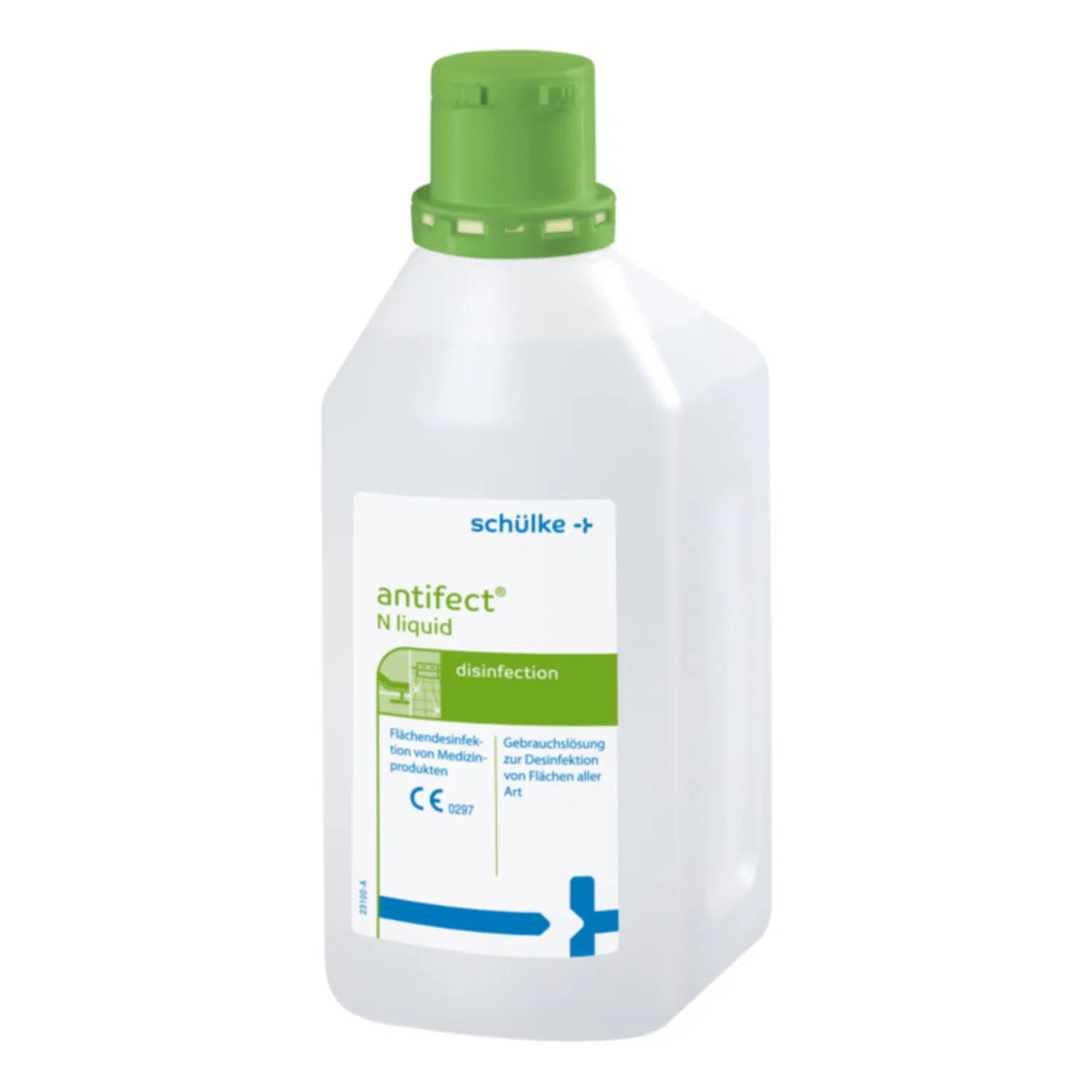 Eine weiße Plastikflasche mit der Aufschrift „Schülke antifect® N Liquid Flächendesinfektion“ und grünem Verschluss, zur Schnelldesinfektion. Enthält einen deutschen Text, der auf die Verwendung des Produkts zur Desinfektion hinweist.
